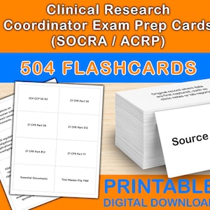 May include: Image of flashcards for Clinical Research Coordinator Exam Prep. The image shows a stack of white flashcards with the words "Source Documents" and "504 FLASHCARDS". The background is orange and blue with the text "PRINTABLE DIGITAL DOWNLOAD".