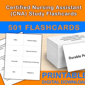 Può includere: Un mazzo di flashcard bianche per lo studio di Assistente Infermieristico Certificato (CNA). Le carte mostrano termini come OBRA, HIPAA e Procura Duratura. L'immagine include anche il testo "501 FLASHCARDS" e "PRINTABLE DIGITAL DOWNLOAD".
