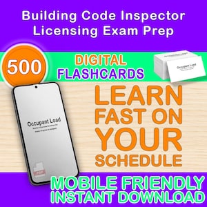 May include: An advertisement for Building Code Inspector Licensing Exam Prep. The image shows a smartphone displaying "Occupant Load", a stack of flashcards, and the text "Learn Fast On Your Schedule". The image also includes the text "Digital Flashcards" and "Mobile Friendly Instant Download".
