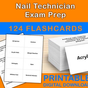 Puede incluir: Tarjetas de estudio para la preparación del examen de técnico de uñas, con términos como "Acrylic Nails" y "Acetone". La imagen muestra una pila de tarjetas con el texto "124 FLASHCARDS". El fondo es naranja y azul.