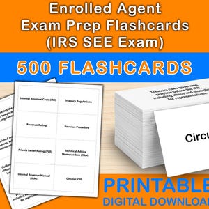 Op de afbeelding: Een stapel witte flashcards voor het IRS SEE-examen, met de tekst "500 FLASHCARDS". De kaarten bevatten onderwerpen als Internal Revenue Code, Treasury Regulations en Revenue Ruling. De afbeelding bevat ook de tekst "PRINTABLE DIGITAL DOWNLOAD."