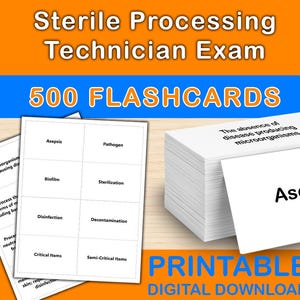 Könnte beinhalten: Weiße Karteikarten mit Begriffen wie „Asepsis“ und „Pathogen“. Das Bild zeigt auch den Text „Sterile Processing Technician Exam“ und „500 FLASHCARDS“. Ideal für die Prüfungsvorbereitung.