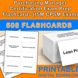 May include: A collection of white flashcards for the Purchasing Manager Certification Exam Prep. The flashcards feature terms like "Strategic Sourcing", "Total Cost of Ownership", and "Lean Procurement". The image also displays "508 FLASHCARDS" and "PRINTABLE DIGITAL DOWNLOAD".