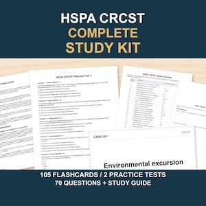 Könnte beinhalten: HSPA CRCST Komplett-Lernset mit Studienführer, Übungstests, Checkliste, Fortschrittsverfolgung und 105 Lernkarten. Die Unterlagen enthalten 70 Fragen und gedruckten Text wie 'Environmental excursion' auf einer der Lernkarten.