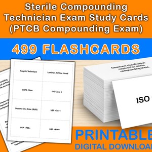 Puede incluir: Un conjunto de tarjetas blancas con texto, incluyendo "Sterile Compounding Technician Exam Study Cards" y "499 FLASHCARDS". Las tarjetas cubren temas como "Aseptic Technique" e "ISO Class 5". La imagen también incluye el texto "PRINTABLE DIGITAL DOWNLOAD".