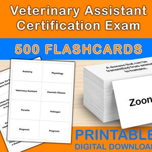 May include: Image of flashcards for the Veterinary Assistant Certification Exam. The image shows a stack of white flashcards with the words "Zoonotic Disease" and other veterinary terms. The text "500 FLASHCARDS" is displayed.