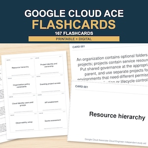 May include: A set of Google Cloud ACE flashcards featuring 167 printable and digital cards. The cards display technical topics like resource hierarchy, project identity, and organization policy constraints with detailed explanations on the reverse side.