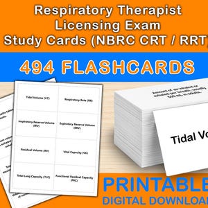 May include: A set of white flashcards for the Respiratory Therapist Licensing Exam. The cards feature terms such as "Tidal Volume" and "Respiratory Rate." The image also includes the text "494 FLASHCARDS" and "PRINTABLE DIGITAL DOWNLOAD."