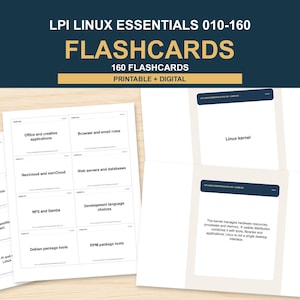 Puede incluir: Tarjetas de estudio LPI Linux Essentials 010-160 que incluyen 160 tarjetas imprimibles y digitales. Las tarjetas muestran temas técnicos como el kernel de Linux, Debian, Ubuntu y herramientas de paquetes con texto negro sobre fondo blanco.