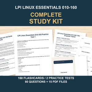 Puede incluir: Kit de estudio completo LPI Linux Essentials 010-160 que incluye una guía de estudio, prueba de práctica 1, rastreador de progreso y tarjetas didácticas. Los documentos contienen texto sobre el kernel de Linux, distribuciones y administración.