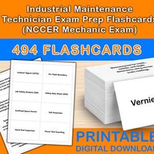 May include: A stack of white flashcards with the text "Vernier Caliper" on the front. The image also shows other flashcards with text related to industrial maintenance and the text "494 FLASHCARDS". The background is orange and blue.