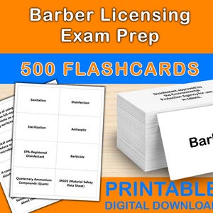 May include: Image of flashcards for barber licensing exam preparation. The image includes the text "Barber Licensing Exam Prep" and "500 FLASHCARDS". The cards feature terms such as "Barbicide" and "Sanitation".