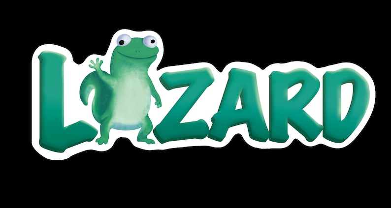 Peut inclure: Image d'un l&eacute;zard vert de dessin anim&eacute; souriant et saluant, &agrave; c&ocirc;t&eacute; du mot &laquo; LIZARD &raquo; en vert. Le tout est sur fond noir.