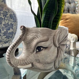 Puede incluir: Una maceta gris en forma de elefante de cerámica que contiene una planta de serpiente. La maceta tiene detalles como ojos, trompa y orejas. La planta de serpiente tiene hojas largas y verdes con bordes amarillos.