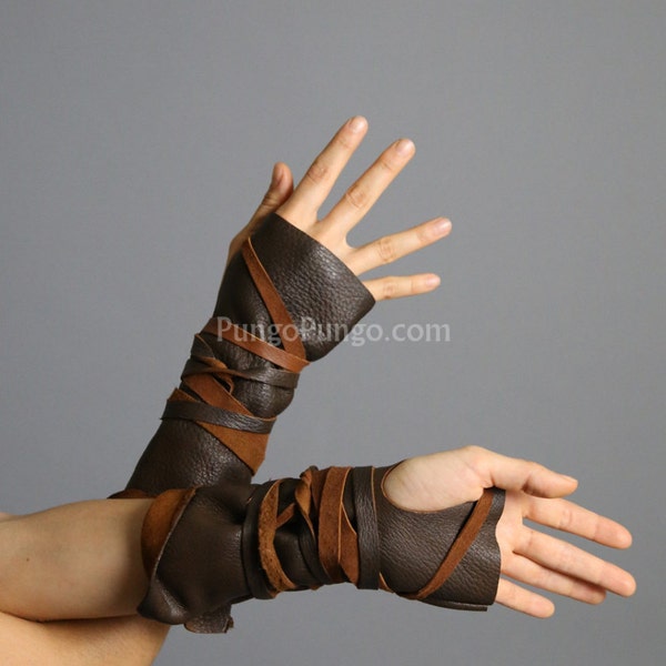 Dark Brown Fingerless Leather Gloves, Long | Mad Max Furiosa Post apocalyptic Warcraft Barbarian | Festival Burning Man Costume Cosplay