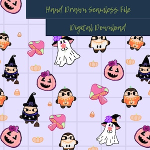 Op de afbeelding: Een digitale download met een Halloween-thema patroon. Het ontwerp bevat cartoongeesten, pompoenen, heksen, paddenstoelen en snoepmaïs op een lichtpaarse rasterachtergrond. De tekst luidt "Hand Drawn Seamless File" en "Digital Download".