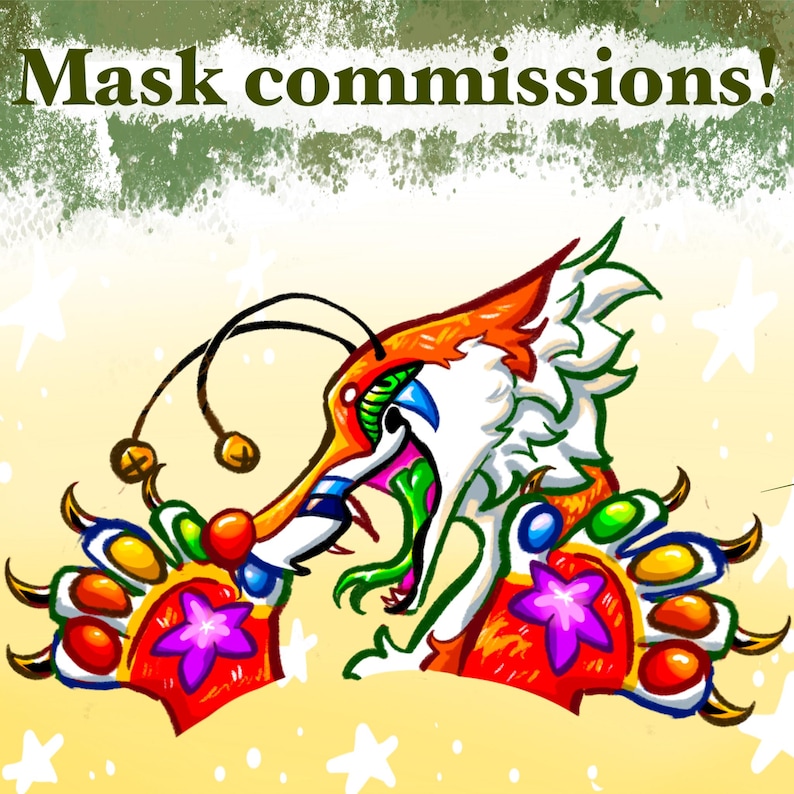 Może przedstawiać: Ilustracja kolorowej maski z tekstem "Mask commissions!". Maska ma pomarańczowe, białe, zielone, niebieskie i czerwone akcenty, ze stylizowanym wzorem i detalami w kształcie gwiazd. Tło jest jasnoż&oacute;łte.