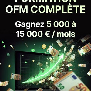 May include: A digital graphic with the text "FORMATION OFM COMPLÈTE" and "Gagnez 5 000 à 15 000 € / mois". The image features a computer screen with a rising green graph and euro banknotes.
