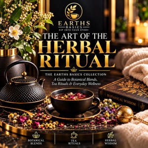 Peut inclure: Une théière en fonte noire et une tasse assortie remplie de tisane, des pétales de fleurs séchées, une boule à thé dorée et un livre intitulé Botanical Wisdom. Le texte indique The Art of the Herbal Ritual et Earths Basics Sip Into Your Story.