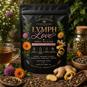 May include: A black pouch of Earths Basics Lymph Love herbal tea blend. The label features gold text, botanical illustrations of flowers and ginger, and lists ingredients including cleavers, red clover, calendula, dandelion leaf, ginger root, and lemon peel.