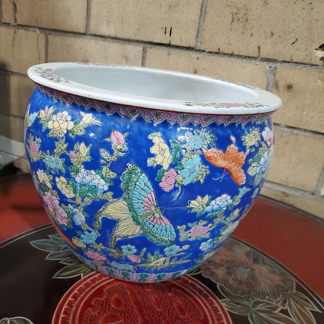 Antique Large Chinese Koi Fish Bowl Porcelain Blue Ceramic With ...