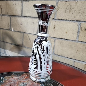 Raro e lindo vaso antigo de vidro com mercúrio e base com desenho floral fosco