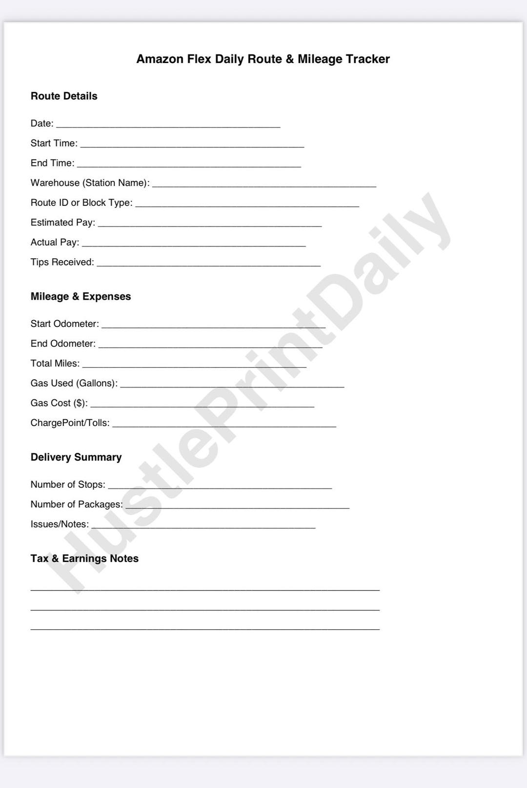 Amazon Flex Daily Route & Mileage Tracker – Printable PDF Logbook for ...