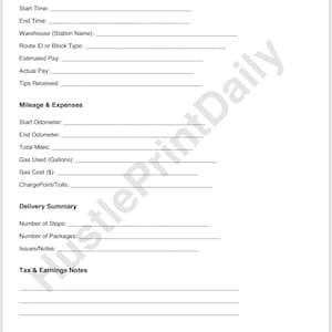 May include: A white paper titled "Amazon Flex Daily Route & Mileage Tracker." The document includes sections for route details, mileage, expenses, delivery summary, and tax notes. It has blank lines for filling in information.