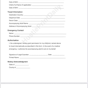 Puede incluir: Un formulario de consentimiento de viaje en blanco y negro titulado "Formulario de consentimiento de viaje - Un tutor legal". El formulario incluye secciones para la información del tutor legal, la información del menor, los detalles del viaje, etc.