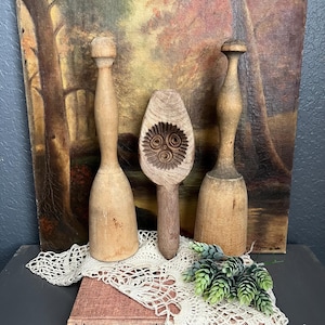 Collection of 3 Vintage Wooden Masher Spoons Kitchen Utensils Scoop Decor Display Serving Lot Farmhouse Patina Worn Boho Set Handle