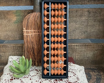 Vintage Abacus Hard Plastic Beads Shelf Decor Math Toy Mid Century Counting Orange Black