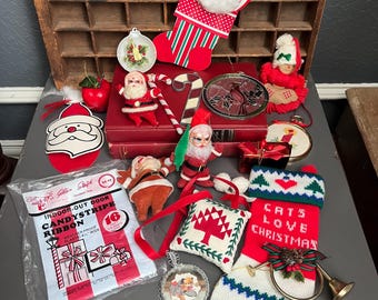 Collection of 18 Pieces Vintage Christmas Ornaments snowman Santa Pillow Puppy Mini Angel Ornaments Gift Wrapping Small Decor Lot Tree