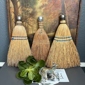 Collection of Three Whisk Brooms Straw Wall Hanging Vintage Display Wisk Hand Brooms Decor Primitive Art