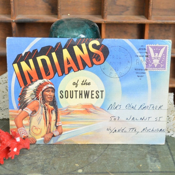 Indians of the Southwest Vintage Souvenir Postcard Folder Colorful Country Ephemera Linen Paper Historic 1943 Navajo Women Pueblo New Mexico