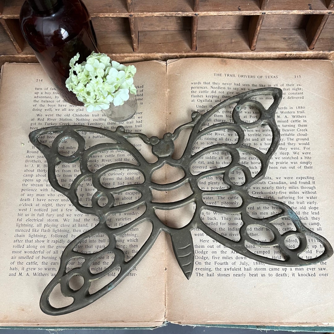 Vintage Brass Trivet Riser Butterfly Gold Patina Standing Kitchen ...