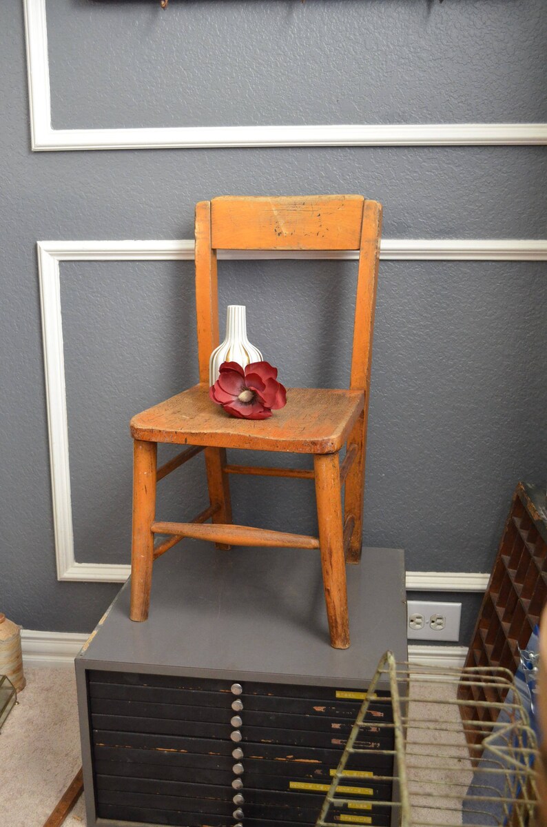 Vintage School House Wooden Childs Desk Chair Kid Size Brown Worn Wood Kindergarten Preschool Small Toddler Antique Photo Prop
