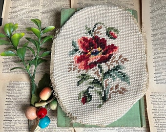 Vintage Needlepoint Finished Piece Spring Flowers Floral Crafting Pillow Decor Stitchery Wool Oval Rose Tan Red Green Brown