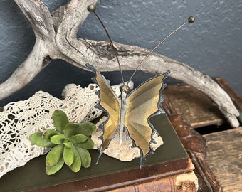 Vintage Brass Butterfly on a Rock Figurine Mid Century Home Decor Entry Table Gold Desk Shelf Sculpture Outdoor Art Nail Wings Brutilist