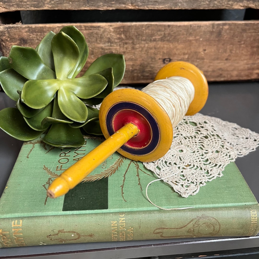 Vintage Kite Spool With String Wooden Bobbin Antique Round Roll of Rope ...