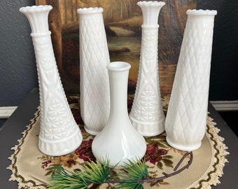 Collection of Five Vintage Milk Glass Vases White Wedding Table Display Round Flower Holders Lot Tall Hobnail Various Sizes Antique Decor