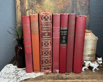 Set 7 Vintage Books Hardback Red Gold Lettering Lot Mantle Shelf Heavy Decor Instant Library Literature Antique Thick Novel