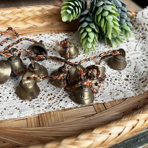 Vintage Brass Bells Sting Rope Sarna Cast Metal Lot Mini Etched Jingle Hand Tiny Brown Rustic Display Small Bronze India Hanger Wind Chime