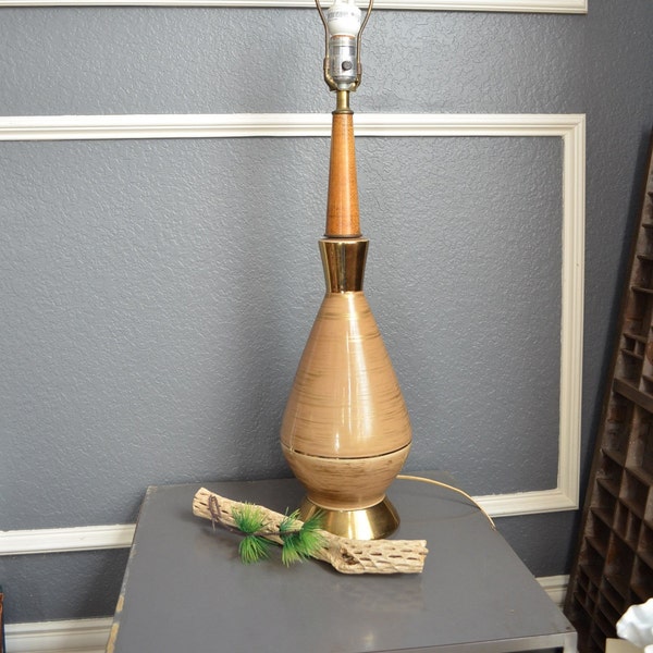 Vintage Lamp Gold Tan Brown Mid Century Brass Retro Unique Office Side Table Lamp Ceramic Bedroom Living Room Boho Wooden Tall Ceramic