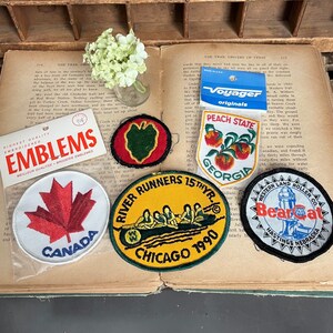 May include: A collection of embroidered patches with various designs, including a red maple leaf, a green leaf, and a peach. Also included is a vintage "Voyager" original and a card of "Emblems". The patches are on an open book.