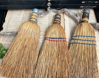 Collection of Three Whisk Brooms Straw Wall Hanging Vintage Display Wisk Hand Brooms Decor Primitive Art