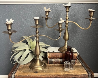 Pair Vintage Brass Candlesticks Gold Set Lot Mantle Shelf Heavy Wedding Decor Boho French Farmhouse Candle Holders Christmas