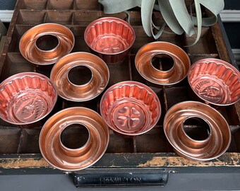 Collection of 9 Vintage Jello Molds Set Aluminum Bowls Kitchen Decor Small Scalloped Baking Tins Metal Cups Copper Display Shop Round Lot