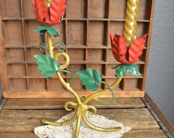 Vintage Tole Candlestick Holder Gold Mantle Shelf Decor Candle Holders Brass Green Red Shabby Chic Chippy Holiday Christmas