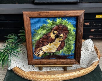 Vintage Framed Art Picture Wooden Frame Wall Hanging Needlepoint Owl Bird Old Animal Boho Square Cottagecore Countycore 4” Inch Mini Easel