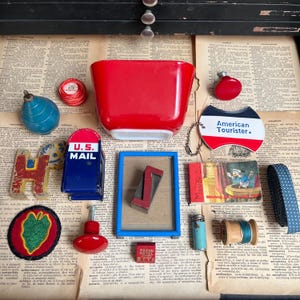 Collection of 16 Vintage Blue and Red White Findings Pyrex Dish Milk Glass Pieces Project Flip Book Knobs Decor Handle Accent Lot Unique